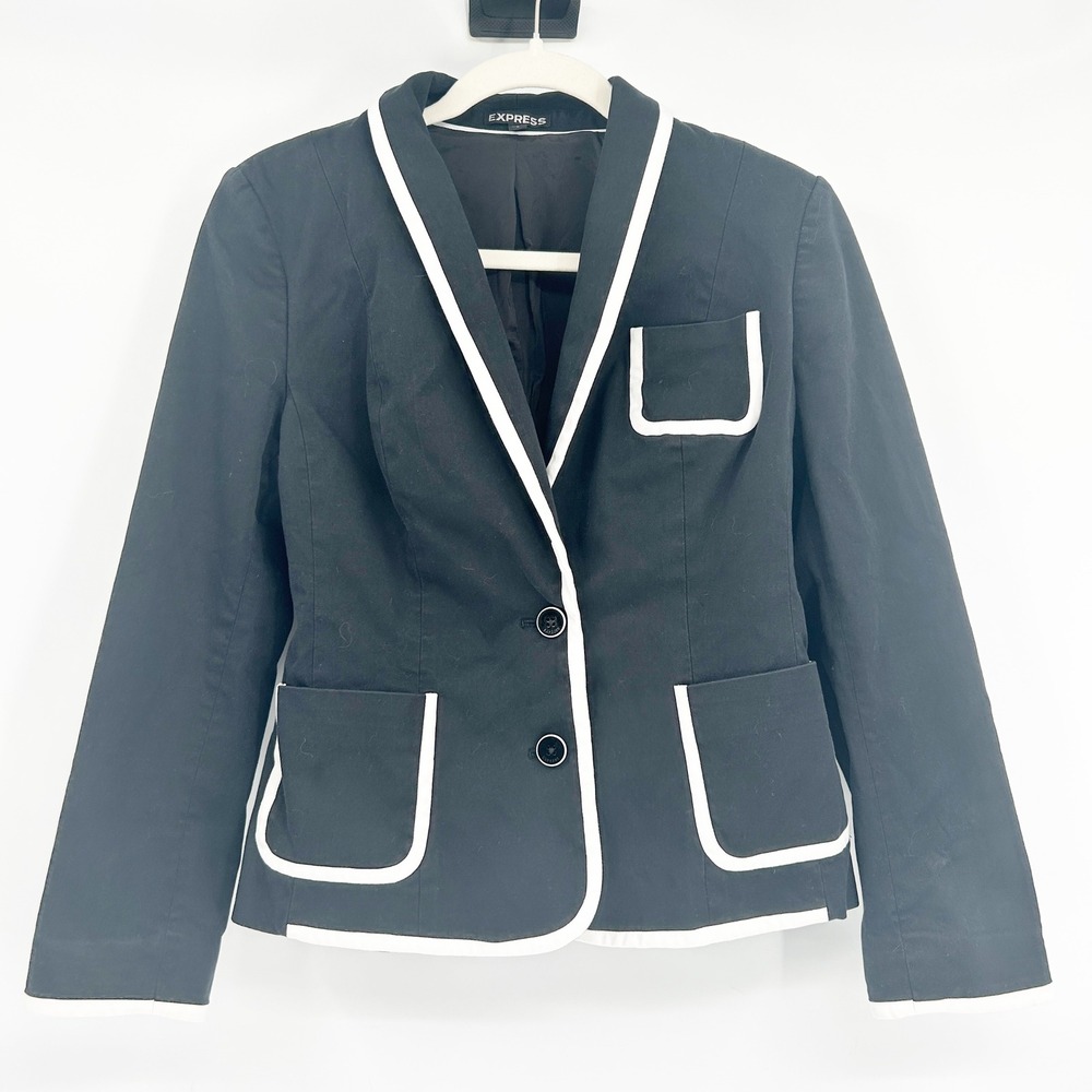 Express Womens Dark Academia Preppy Black White Trim Career Blazer Jacket Size 6